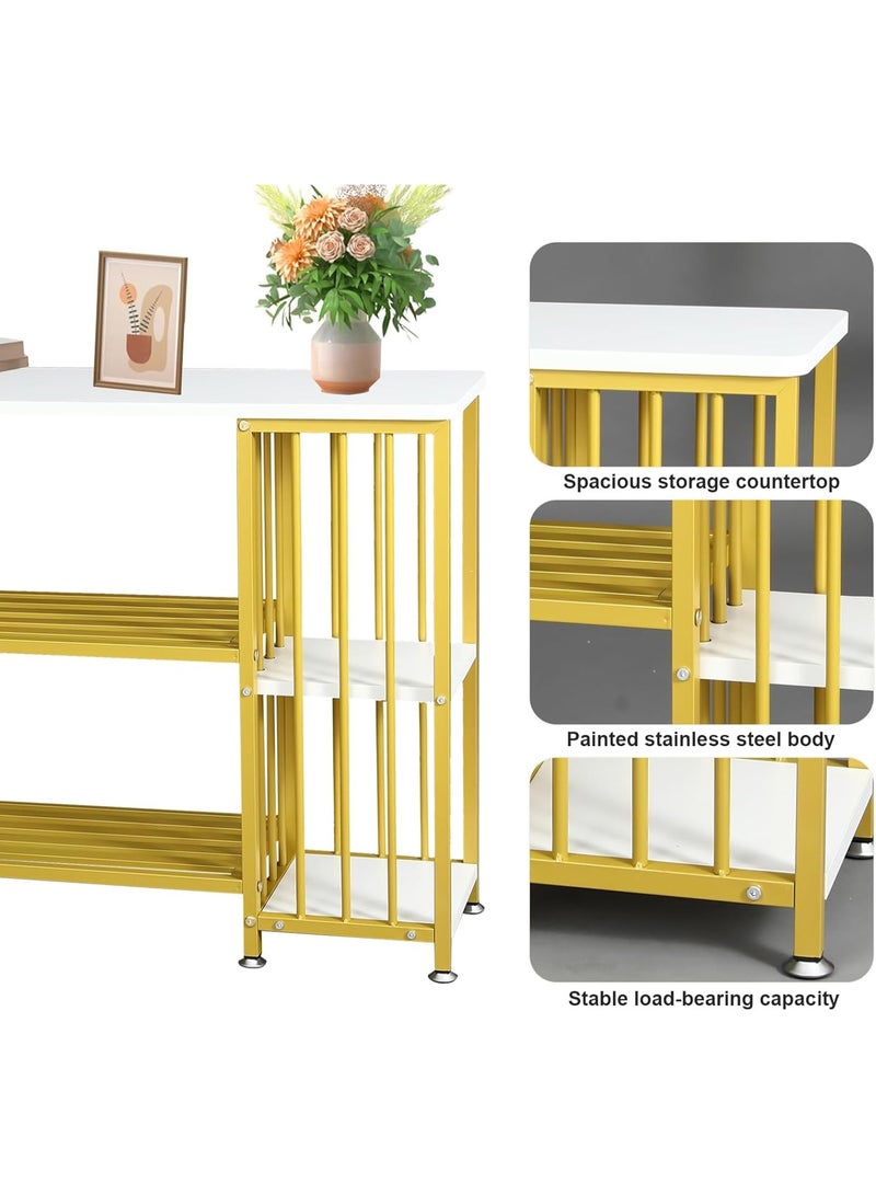 DubaiGallery Elegant Gold Metal Console Table with White Marble-Style Top, Multi-Layer Storage Shelves, Stylish Entryway Sofa Table for Living Room, Bedroom, Office, and Decorative Display Use - Image 4